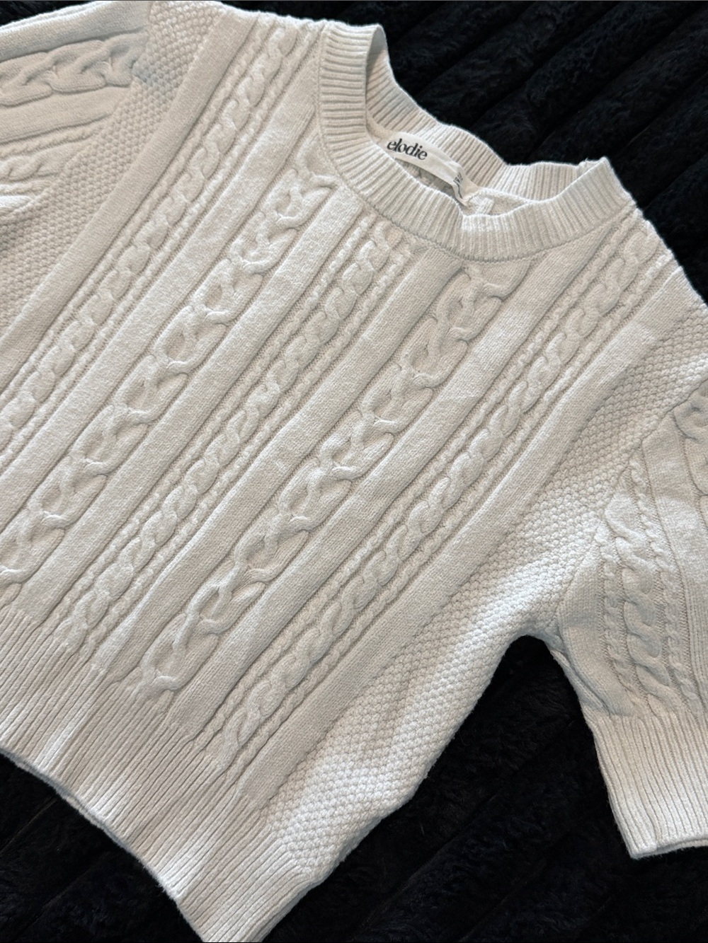 Elodie Cropped Sweater Cream Cable Knit Crewneck Short Sleeve Top